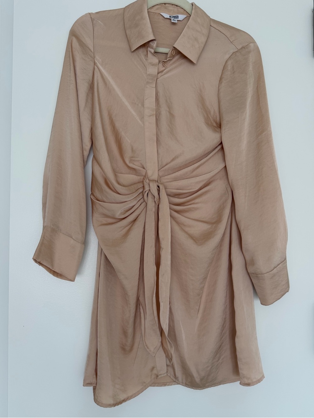 BB Dakota Taupe Satin Long-Sleeve Tie-Front Dress